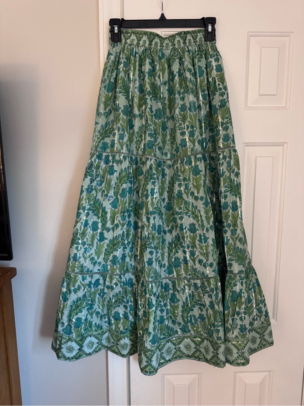 Smocked Waist Green Floral Maxi Skirt
